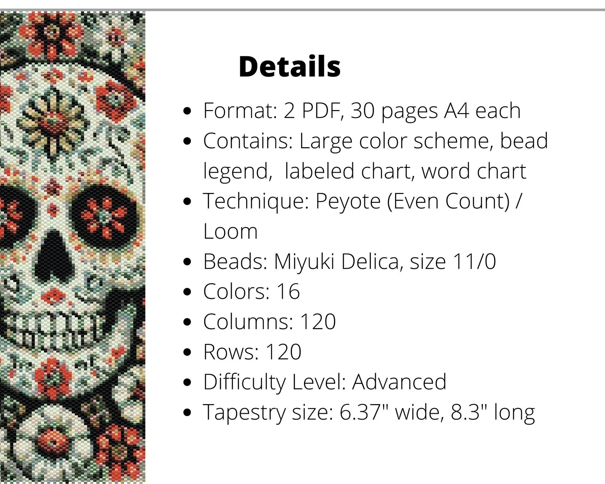 Floral Skull even peyote and loom patterns for beaded tapestry NikoBeadsUA