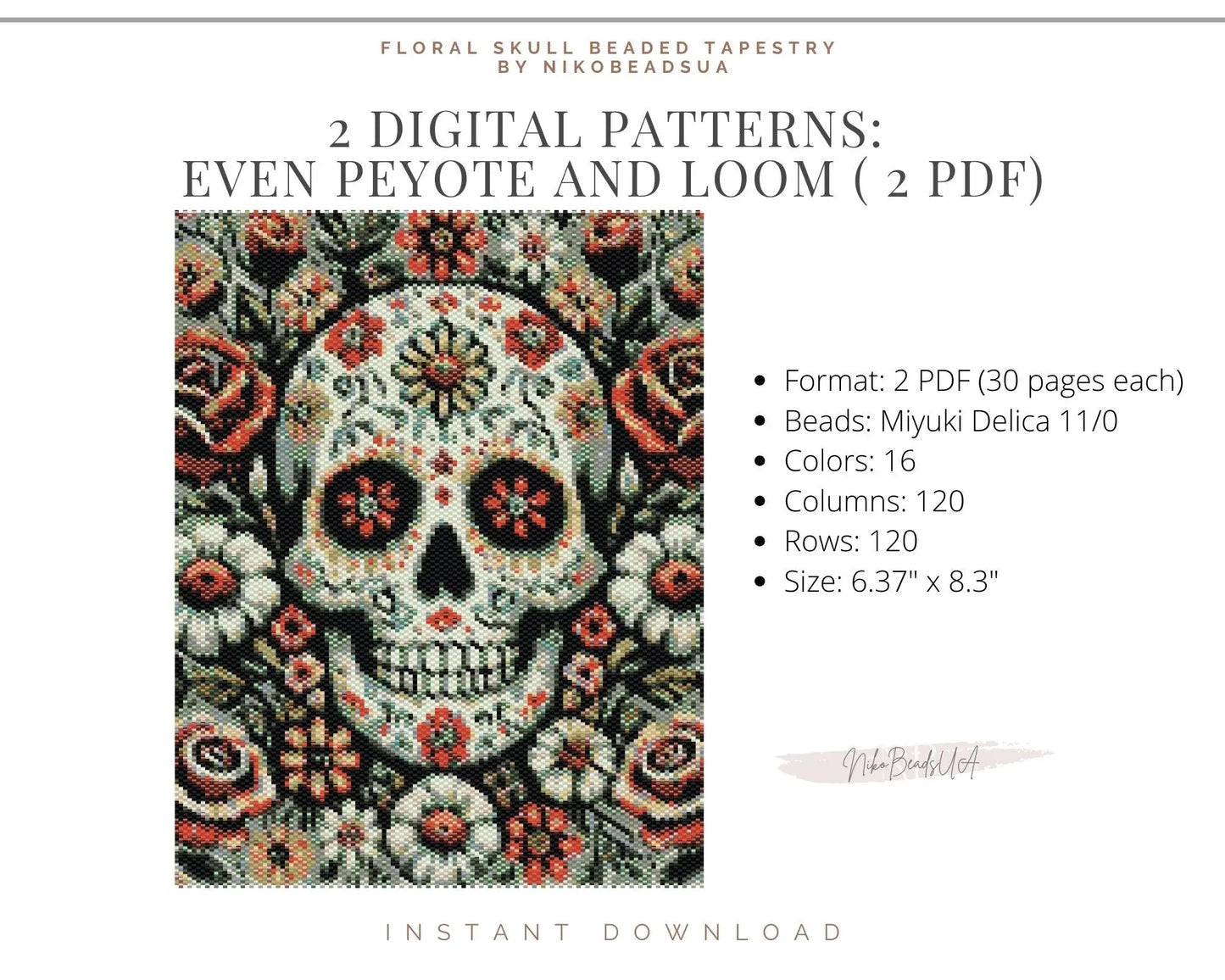 Floral Skull even peyote and loom patterns for beaded tapestry NikoBeadsUA