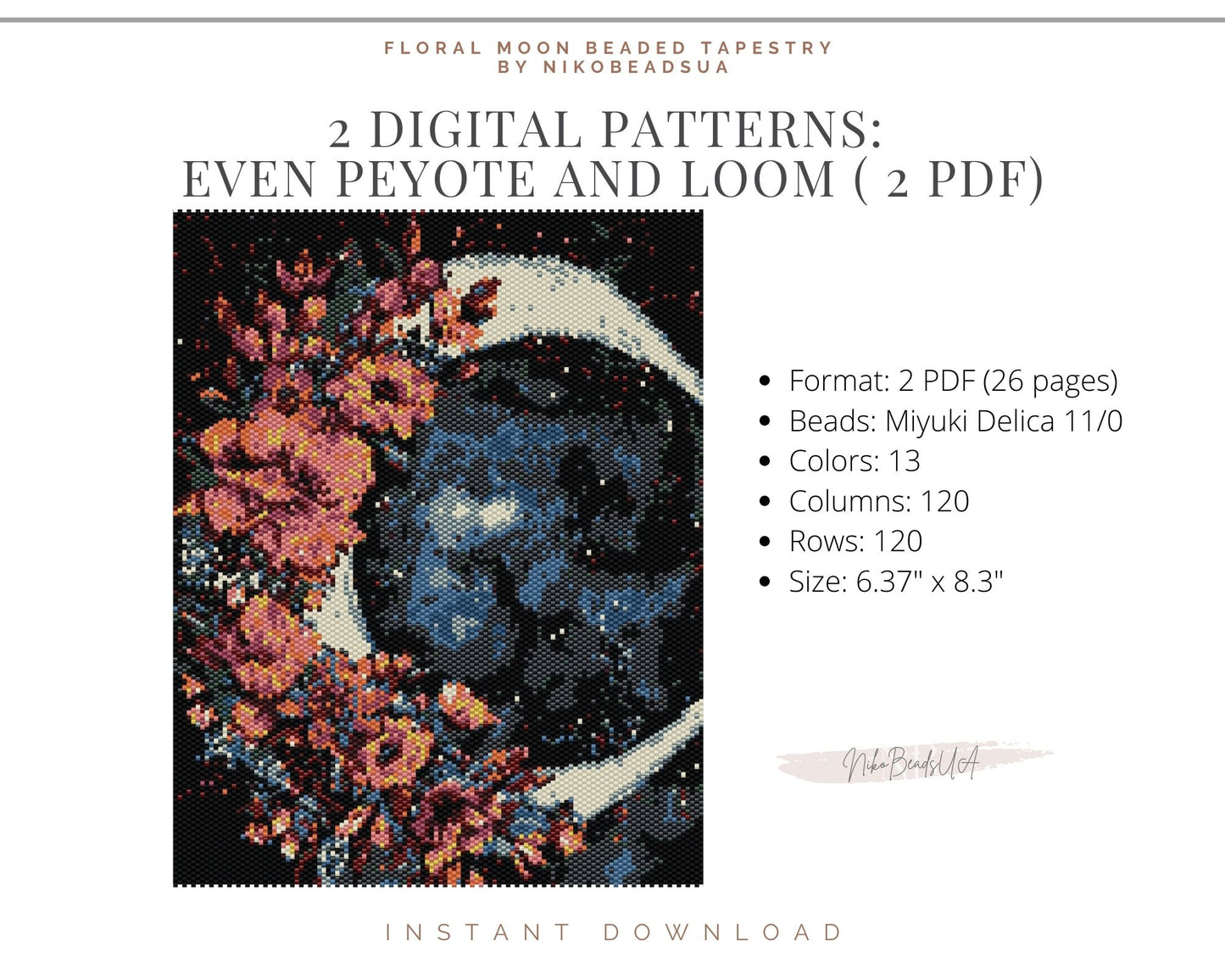 Floral Moon even peyote and loom patterns for beaded tapestry