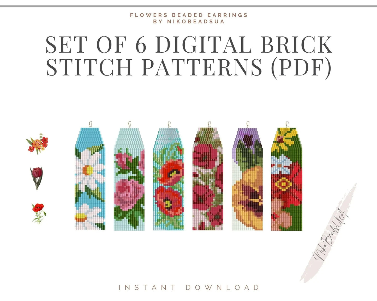 Flowers Brick Stitch Fringe Beaded Earrings Patterns Bundle NikoBeadsUA