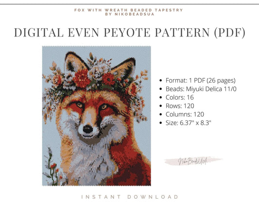 Fox With Wreath even peyote pattern for beaded tapestry NikoBeadsUA