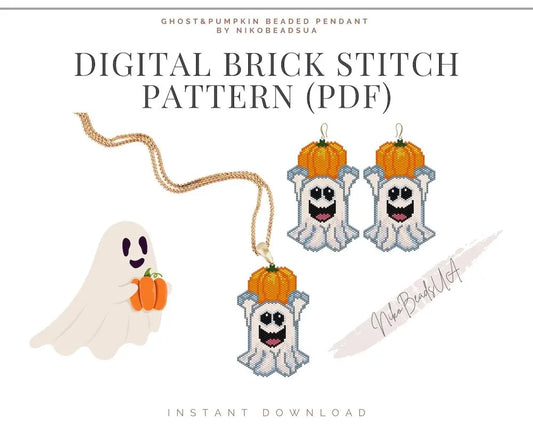 Ghost & Pumpkin Brick Stitch pattern for beaded pendant and earrings NikoBeadsUA