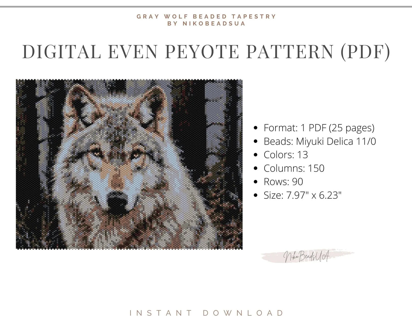 Gray Wolf even peyote pattern for beaded tapestry NikoBeadsUA