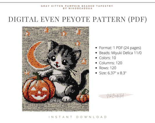 Grey Cat & Pumpkin even peyote pattern for beaded tapestry NikoBeadsUA