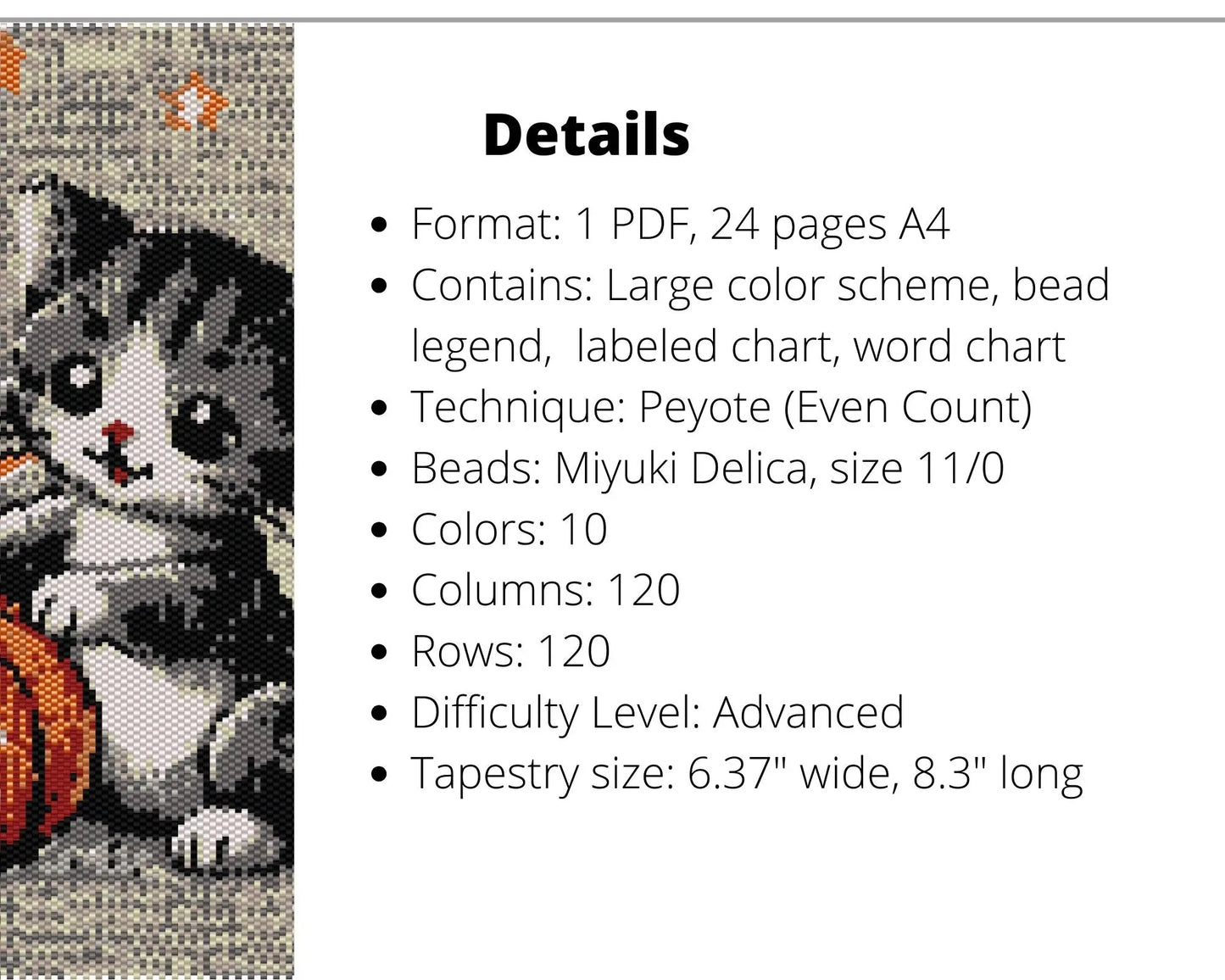 Grey Cat & Pumpkin even peyote pattern for beaded tapestry NikoBeadsUA