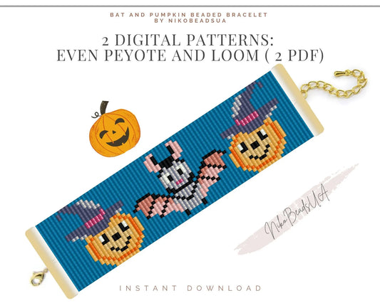 Halloween Bat & Pumpkin peyote and loom patterns for beaded bracelet NikoBeadsUA