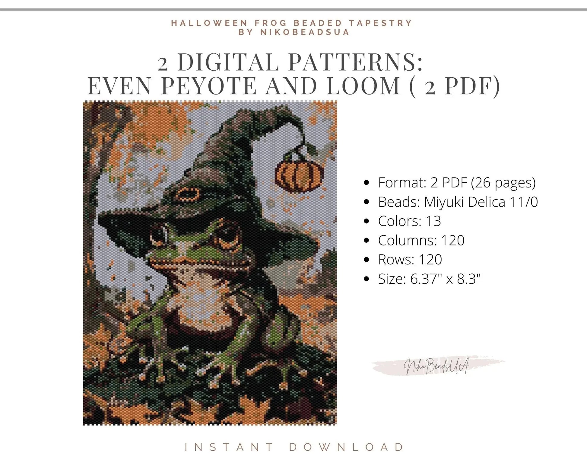 Halloween Frog even peyote and loom patterns for beaded tapestry NikoBeadsUA