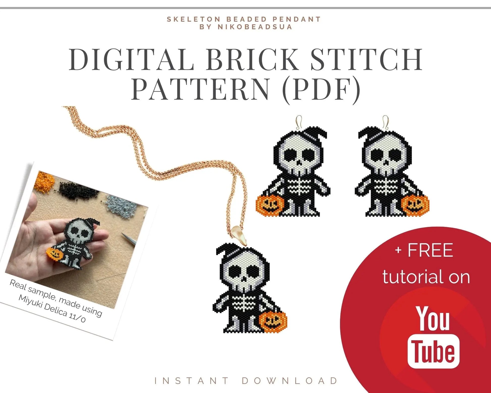 Halloween Skeleton Brick Stitch pattern for beaded pendant and earrings NikoBeadsUA