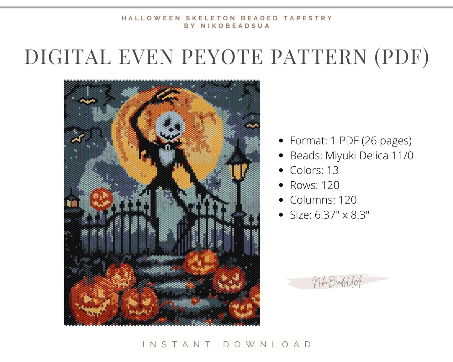 Halloween Skeleton even peyote pattern for beaded tapestry NikoBeadsUA