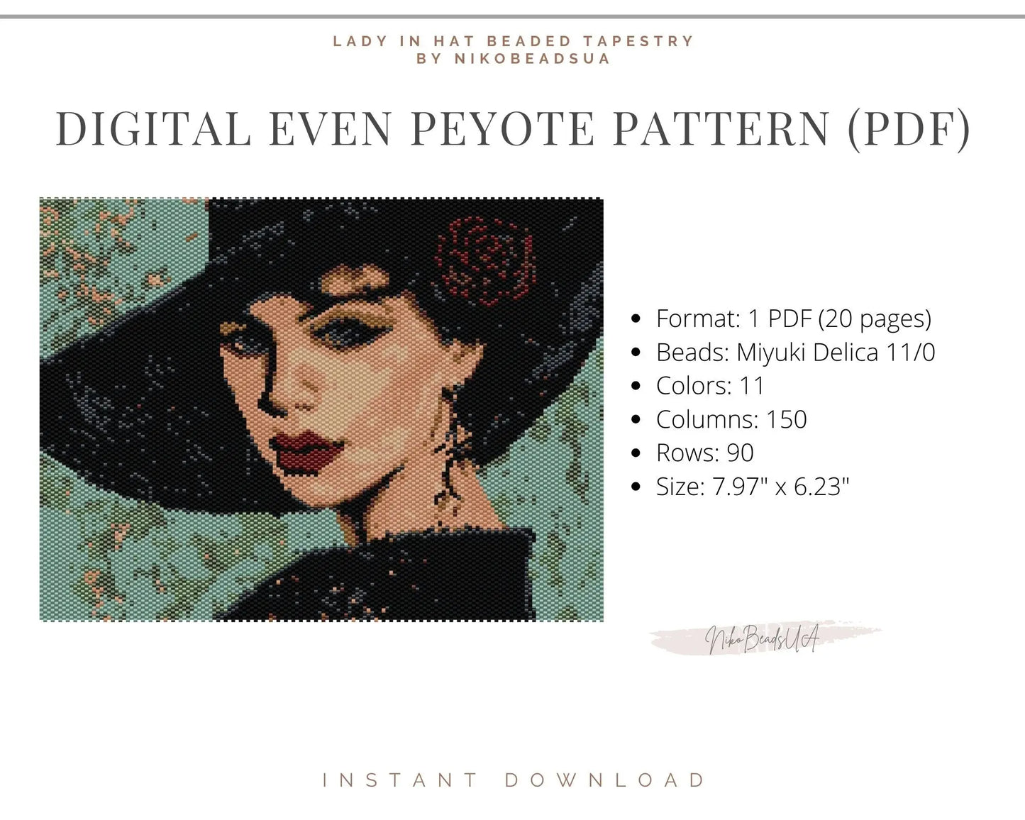 Lady in Hat even peyote pattern for beaded tapestry NikoBeadsUA