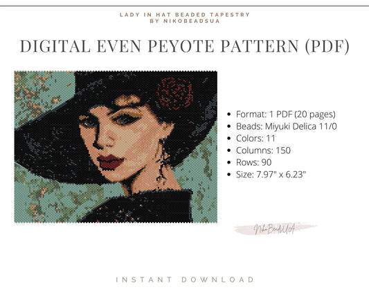 Lady in Hat even peyote pattern for beaded tapestry NikoBeadsUA