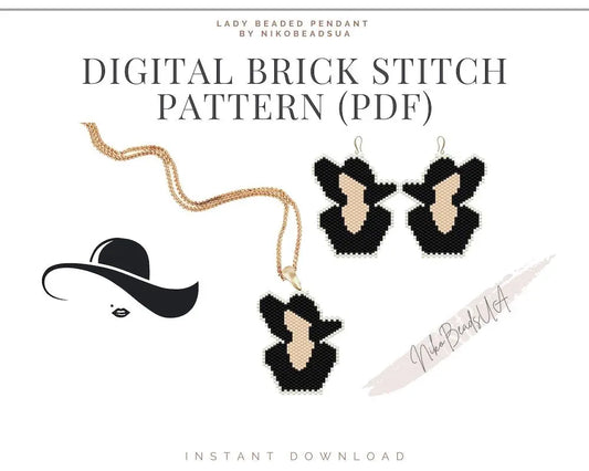 Lady in Hat Brick Stitch pattern for beaded pendant and earrings NikoBeadsUA