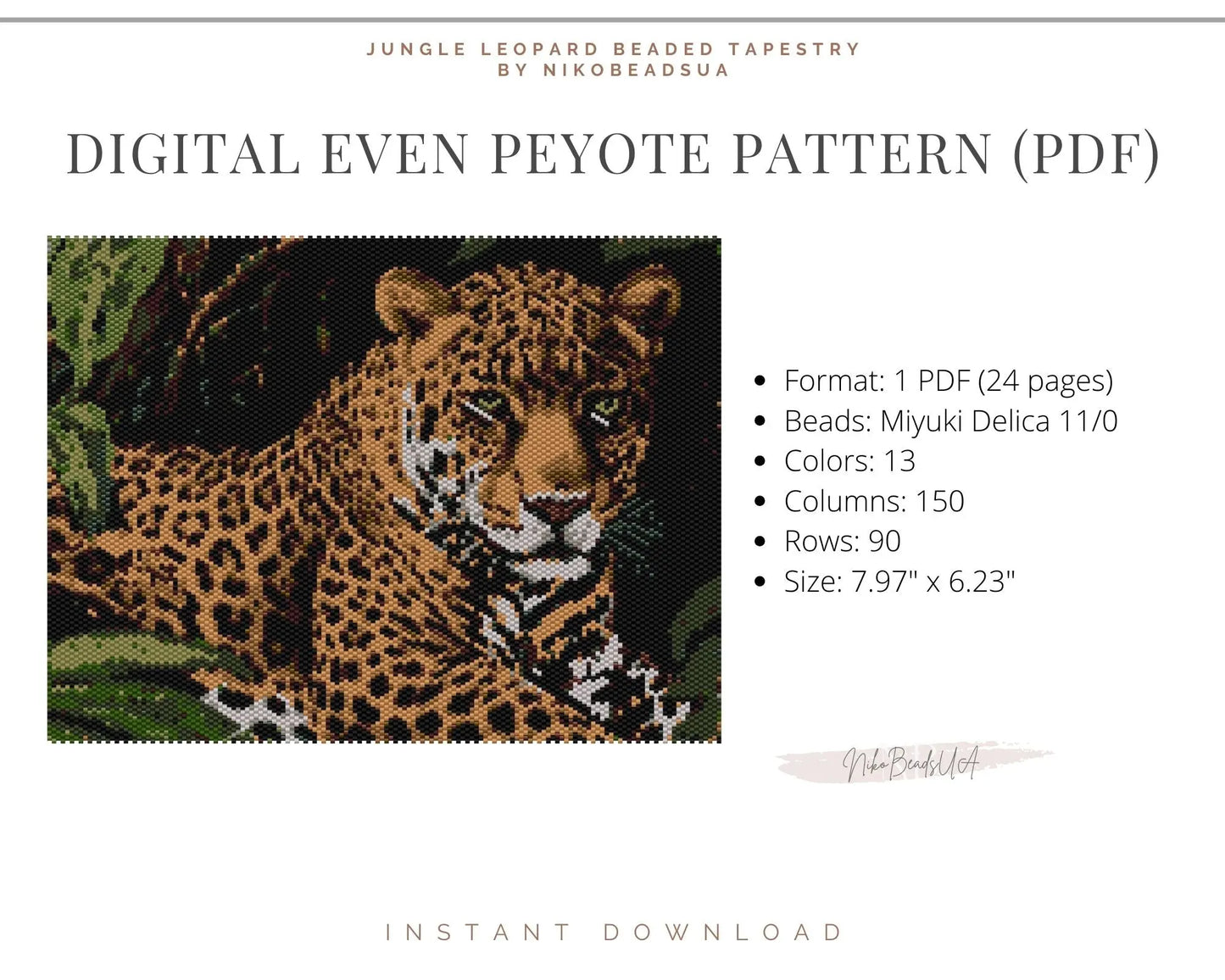 Leopard in Jungle even peyote pattern for beaded tapestry NikoBeadsUA