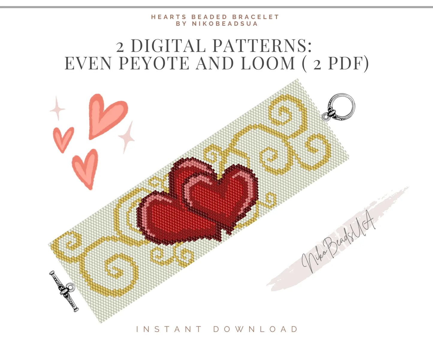 Linked Hearts even peyote and loom patterns for beaded bracelet NikoBeadsUA