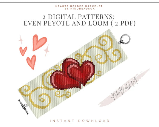 Linked Hearts even peyote and loom patterns for beaded bracelet NikoBeadsUA