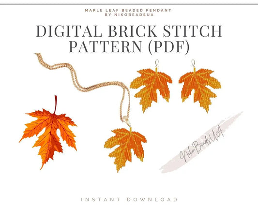Maple Leaf Brick Stitch pattern for beaded pendant and earrings NikoBeadsUA