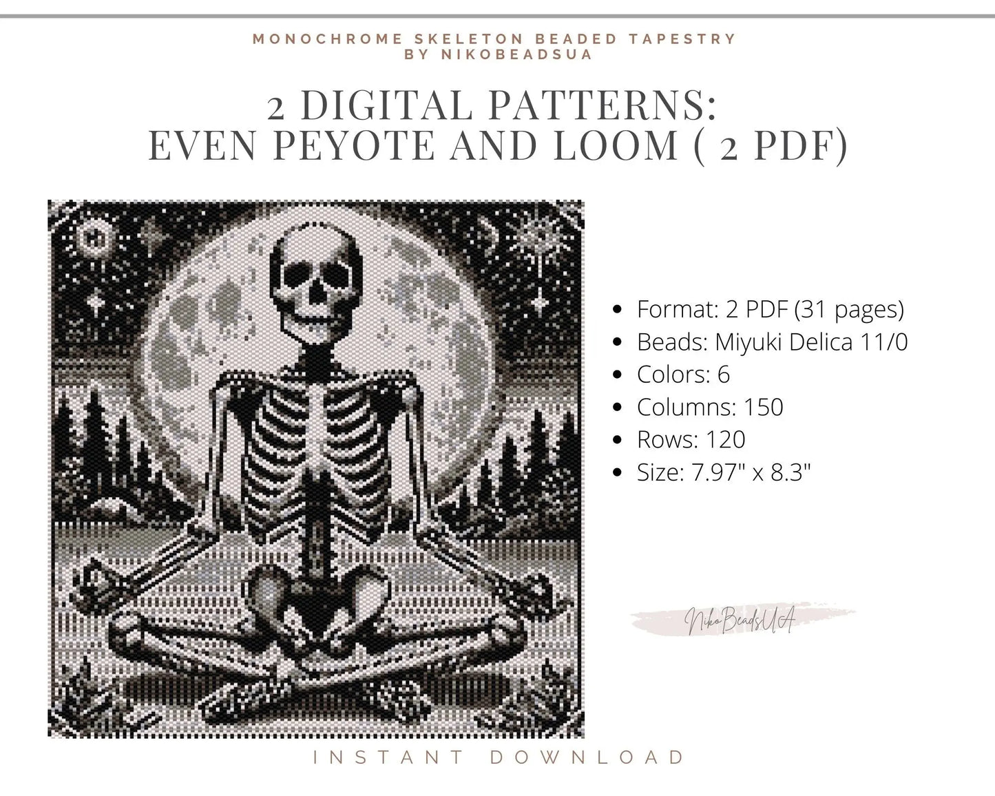 Monochrome Skeleton even peyote and loom patterns for beaded tapestry NikoBeadsUA