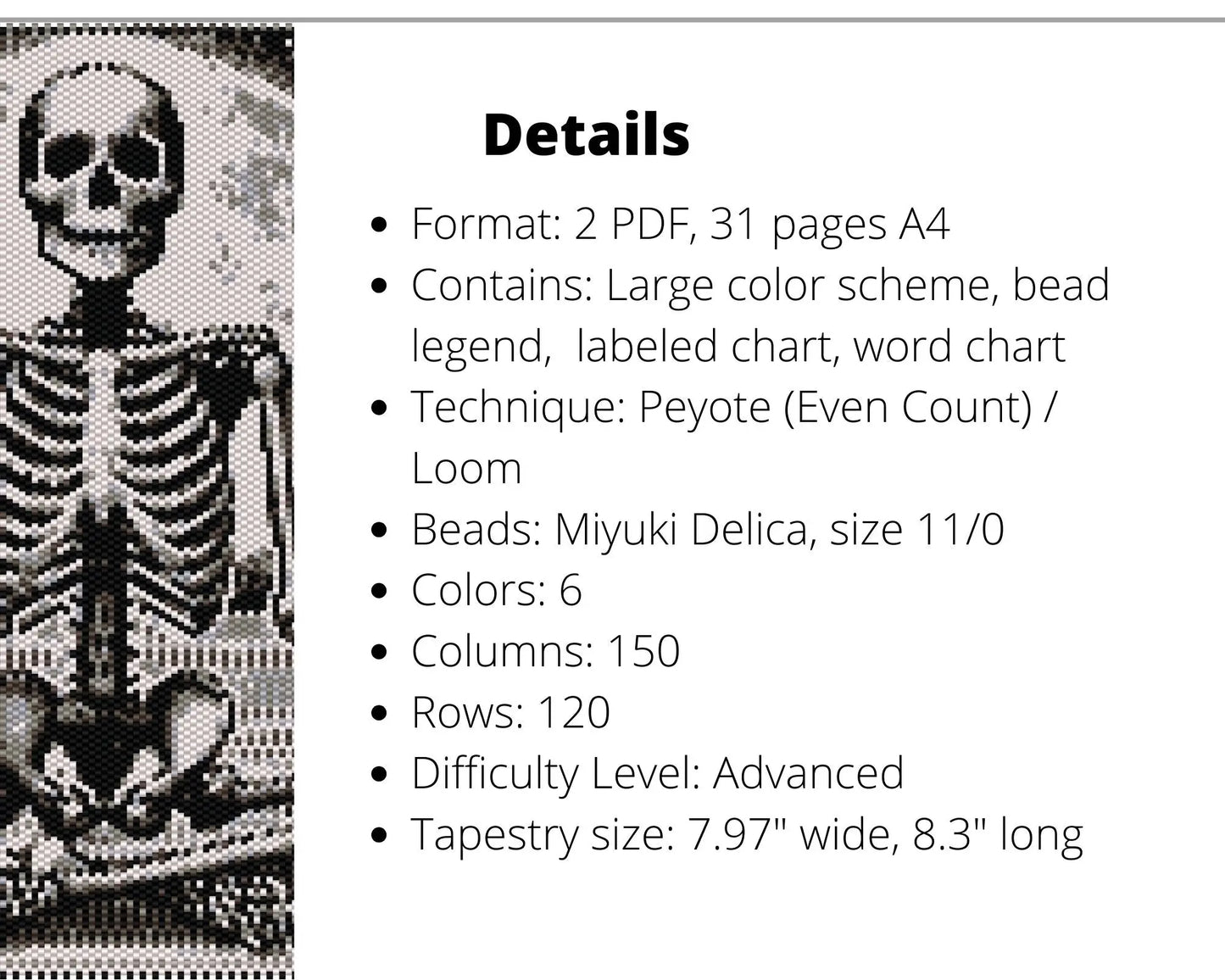 Monochrome Skeleton even peyote and loom patterns for beaded tapestry NikoBeadsUA