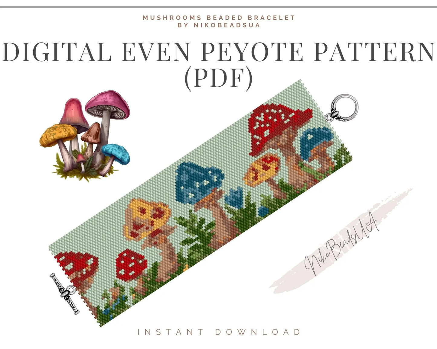 Mushroom Madness even peyote pattern for beaded bracelet NikoBeadsUA