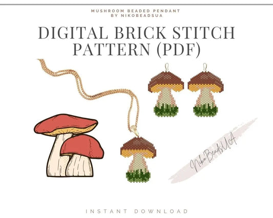 Mushroom Brick Stitch pattern for beaded pendant and earrings NikoBeadsUA