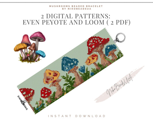 Mushroom Madness even peyote and loom patterns for beaded bracelet