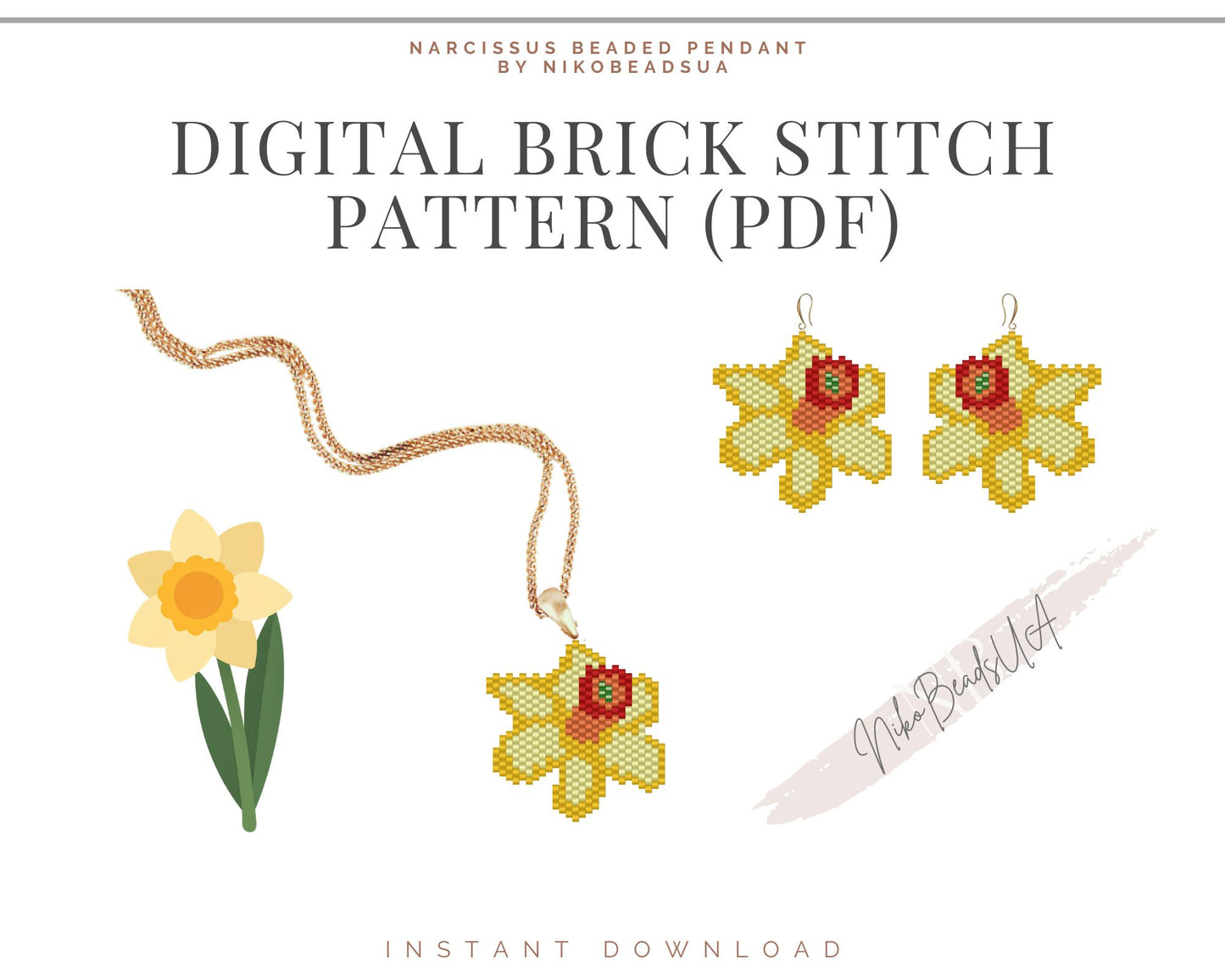 Daffodil Brick Stitch pattern for beaded pendant and earrings NikoBeadsUA