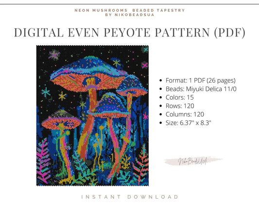 Neon Mushrooms even peyote pattern for beaded tapestry NikoBeadsUA