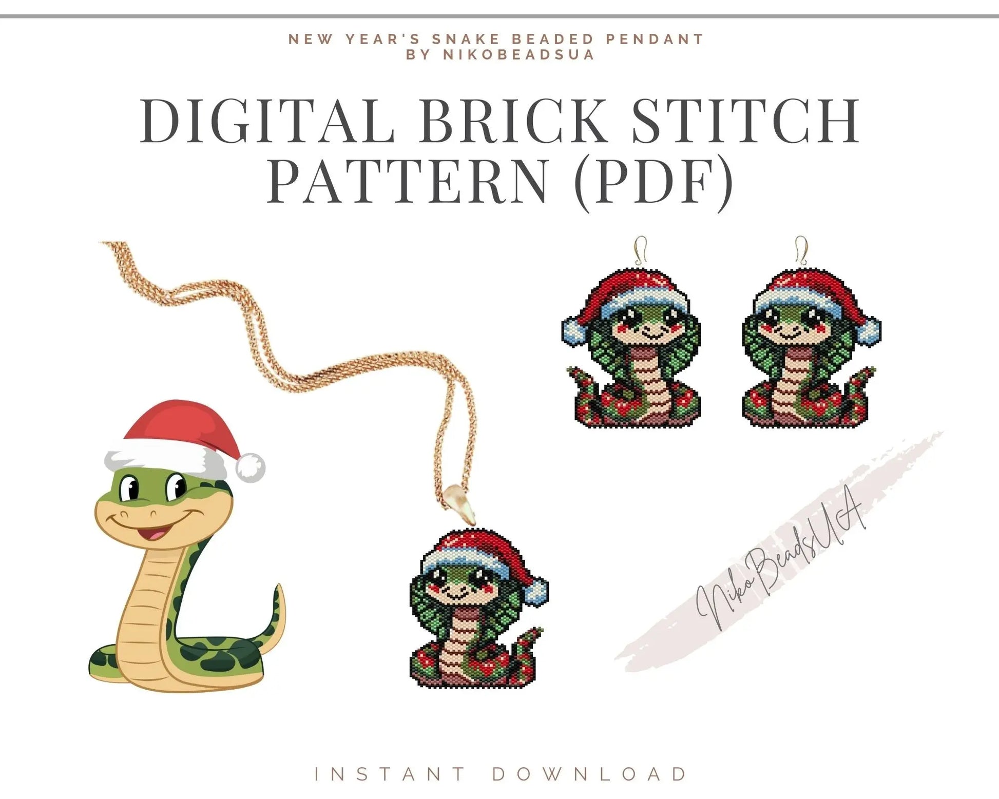 New Year Snake Brick Stitch pattern for beaded pendant and earrings NikoBeadsUA