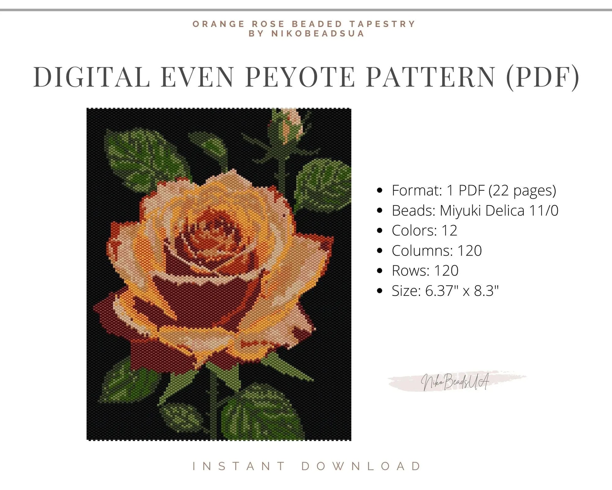 Orange Rose even peyote pattern for beaded tapestry NikoBeadsUA