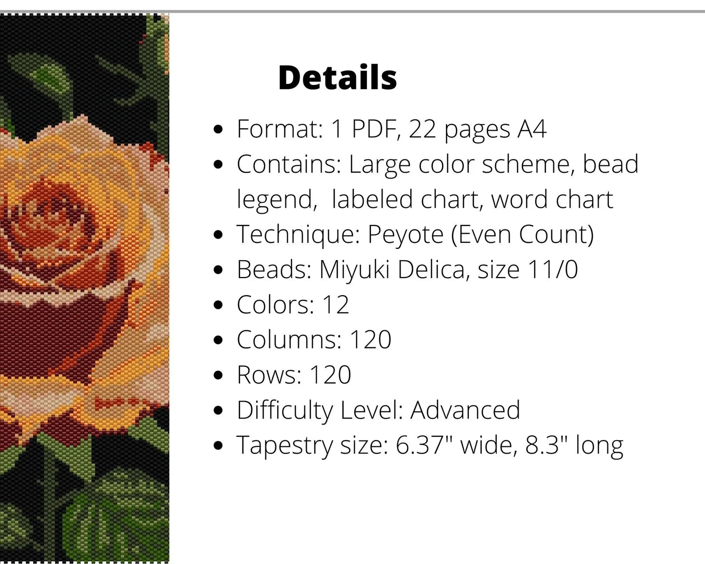 Orange Rose even peyote pattern for beaded tapestry NikoBeadsUA