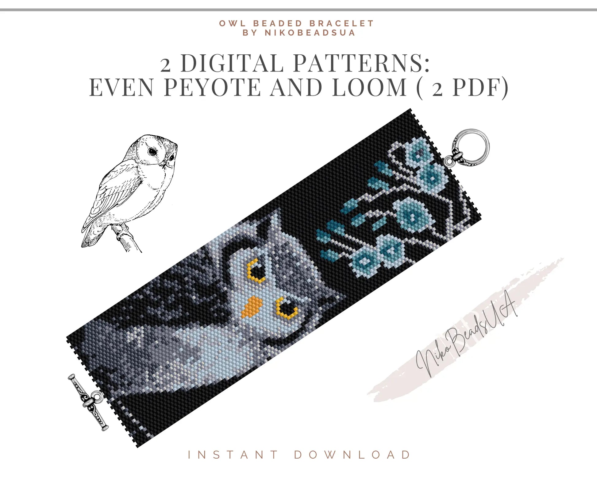 Owl even peyote and loom patterns for beaded bracelet NikoBeadsUA