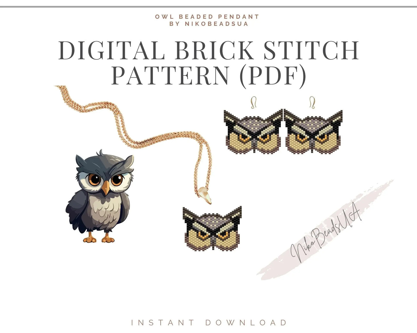 Owl Brick Stitch pattern for beaded pendant and earrings NikoBeadsUA