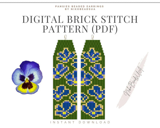 Blue Pansies Brick Stitch pattern for fringe beaded earrings - NikoBeadsUA