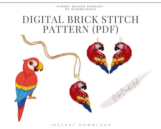 Parrot Brick Stitch pattern for beaded pendant and earrings NikoBeadsUA