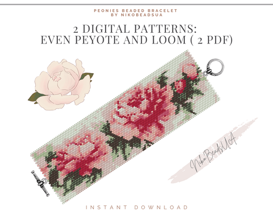Tender Peonies even peyote and loom patterns for beaded bracelet