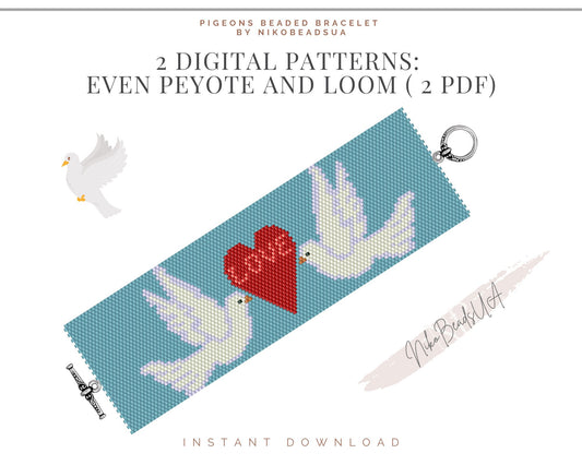 Doves and Heart even peyote and loom patterns for beaded bracelet