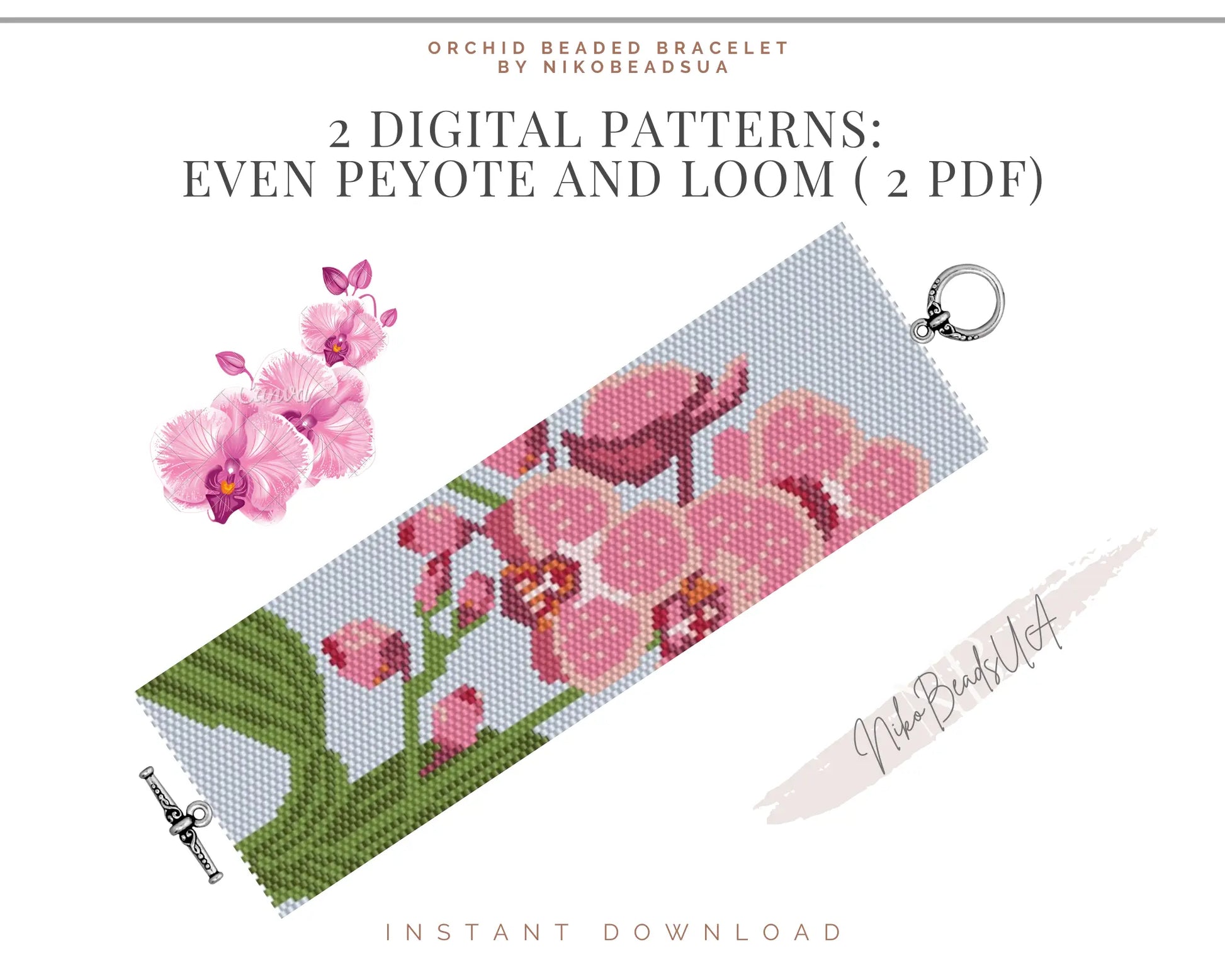 Pink Orchid even peyote and loom patterns for beaded bracelet NikoBeadsUA