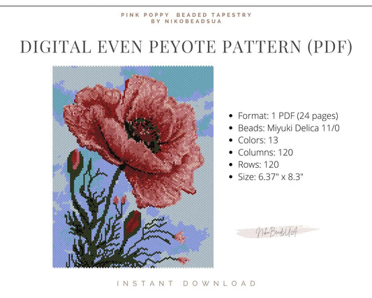 Pink Poppy even peyote pattern for beaded tapestry NikoBeadsUA