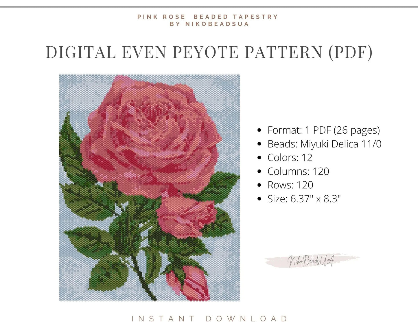 Pink Rose even peyote pattern for beaded tapestry NikoBeadsUA