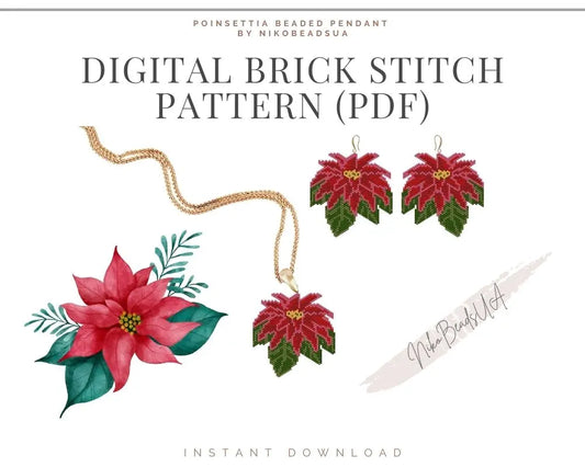 Poinsettia Brick Stitch pattern for beaded pendant and earrings NikoBeadsUA