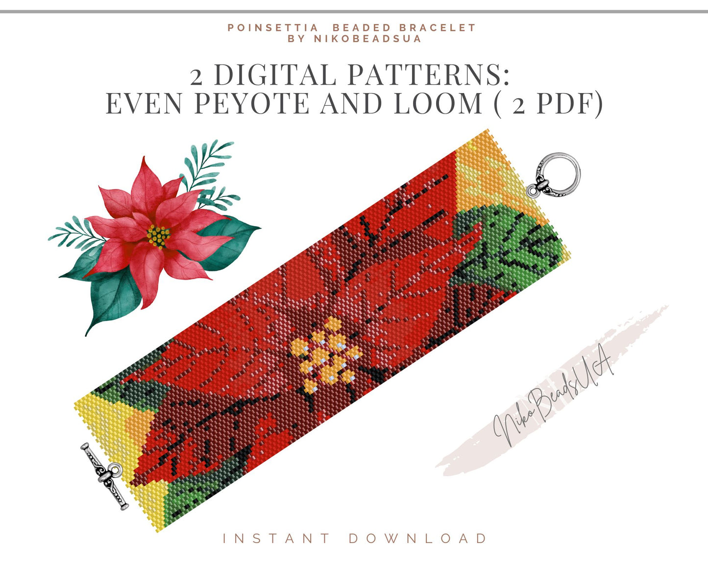 Poinsettia even peyote and loom patterns for beaded bracelet or bookmark NikoBeadsUA
