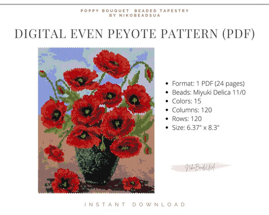 Poppy bouquet even peyote pattern for beaded tapestry NikoBeadsUA