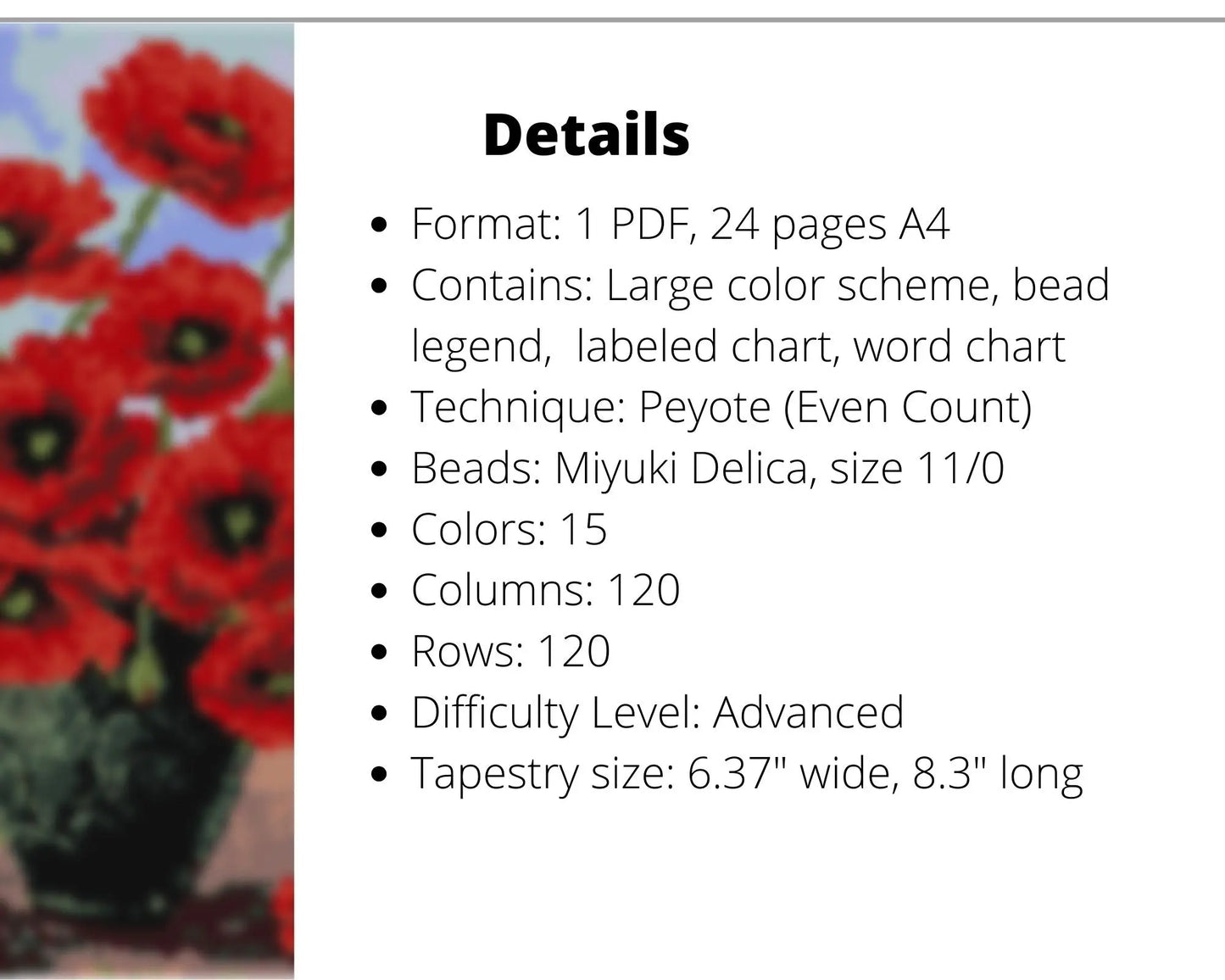 Poppy bouquet even peyote pattern for beaded tapestry NikoBeadsUA