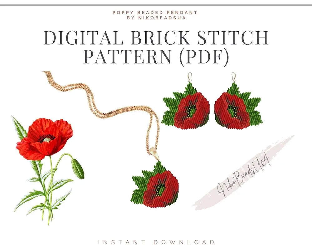 Poppy Brick Stitch pattern for beaded pendant and earrings NikoBeadsUA