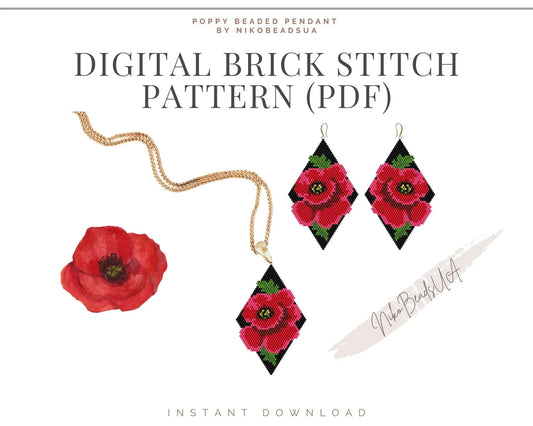 Poppy Brick Stitch pattern for beaded diamond pendant, earrings NikoBeadsUA