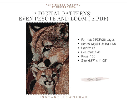 Puma and Cub even peyote and loom patterns for beaded tapestry