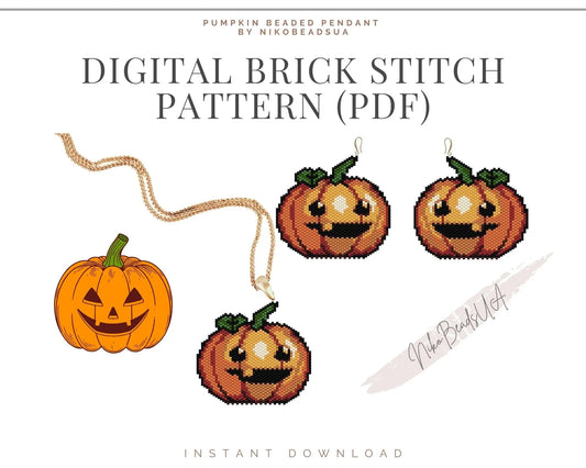 Pumpkin Brick Stitch pattern for beaded pendant and earrings NikoBeadsUA