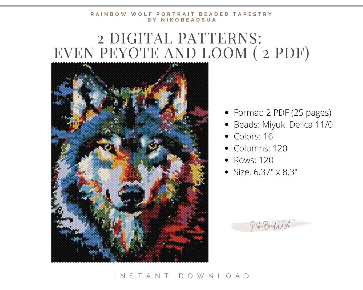 Rainbow Wolf Portrait even peyote and loom patterns for beaded tapestry NikoBeadsUA