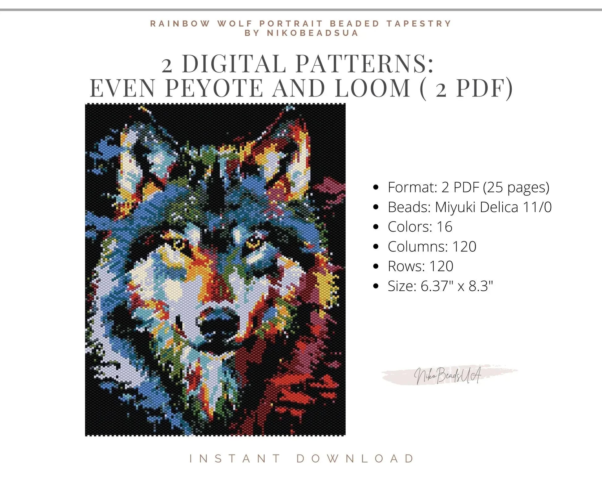 Rainbow Wolf Portrait even peyote and loom patterns for beaded tapestry NikoBeadsUA