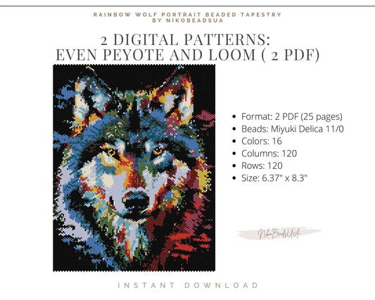 Rainbow Wolf Portrait even peyote and loom patterns for beaded tapestry NikoBeadsUA